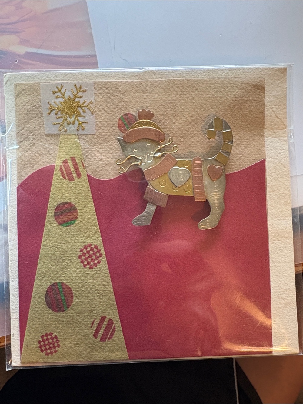 Festive Cat Holiday Greeting Card - Gold & Pink